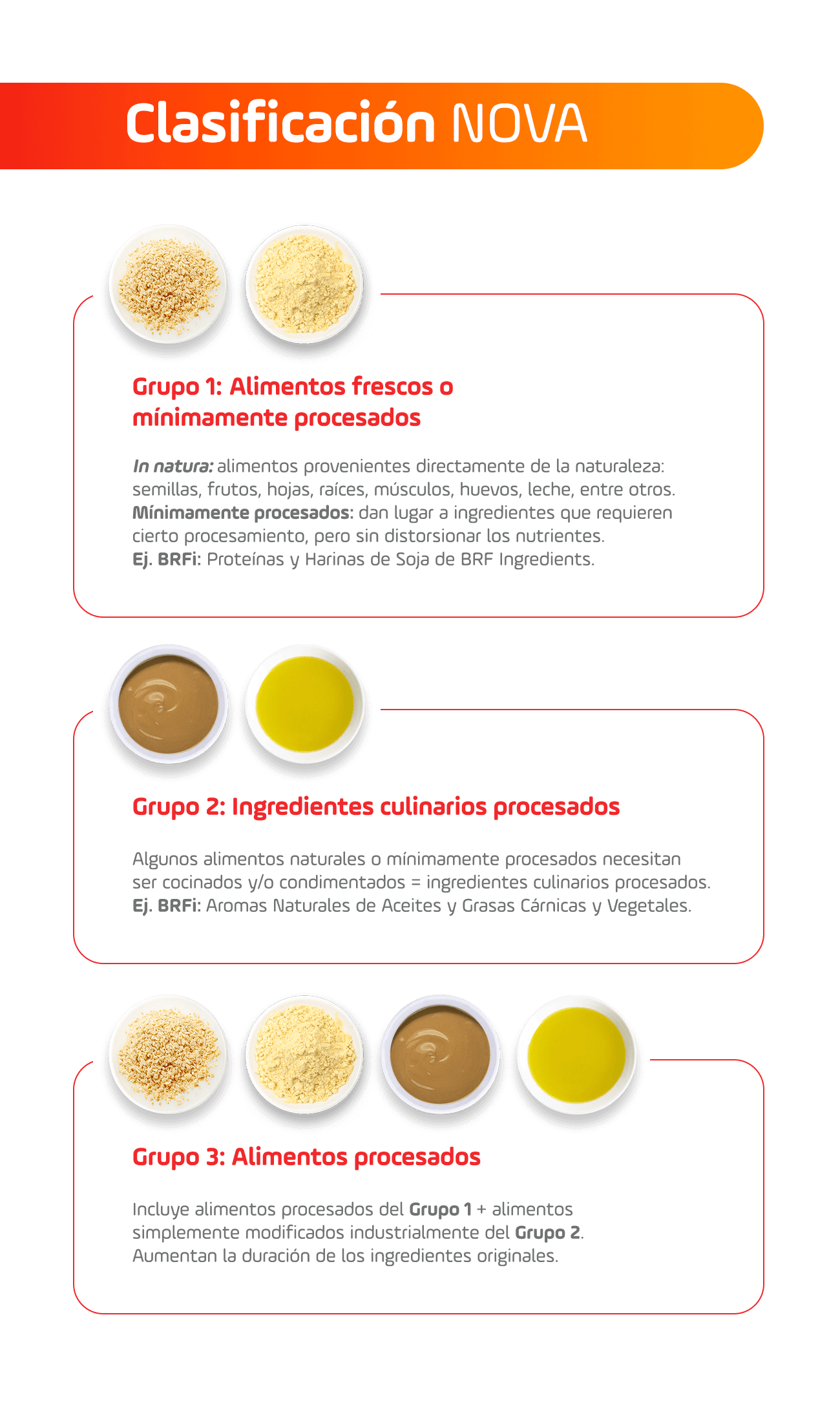 Clasificacíon Nova - Grupo 1: Alimentos Frescos - Grupo 2: Ingredientes culinarios procesados - Grupo 3: Alimentos procesados